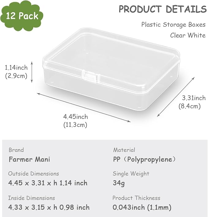 Rectangular Clear Plastic Organizer Storage Box Containers (4.45 x 3.31 x 1.14 inch), Small Plastic Containers Pack of 12