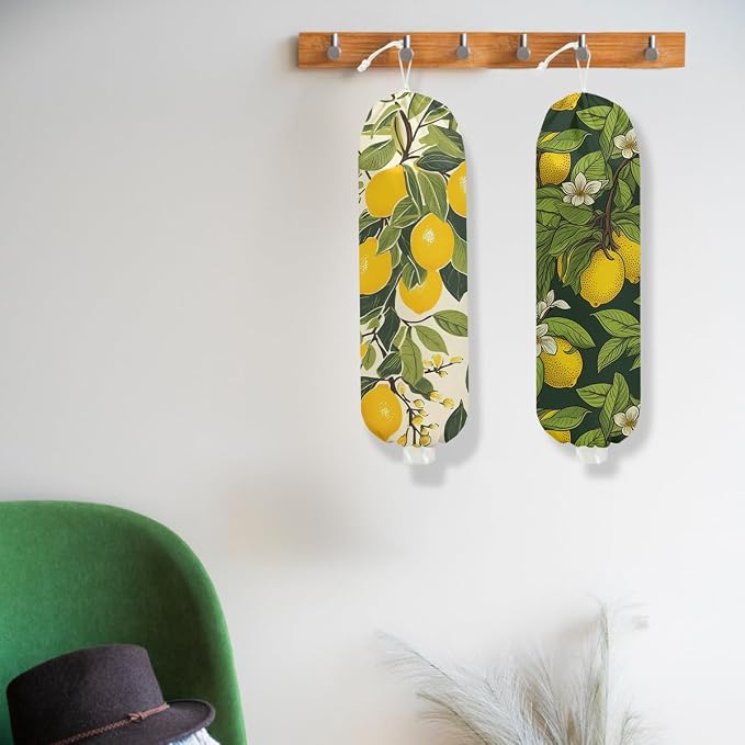 2Pcs Lemon Plastic Bag Holder, Wall Mount Grocery Bag Holder for Plastic Bags, Flower Reusable Grocery Bags Storage Dispenser for Home Kitchen Farmhouse Decor, Lemon Gifts for Women Mom, 22.5x9 Inch