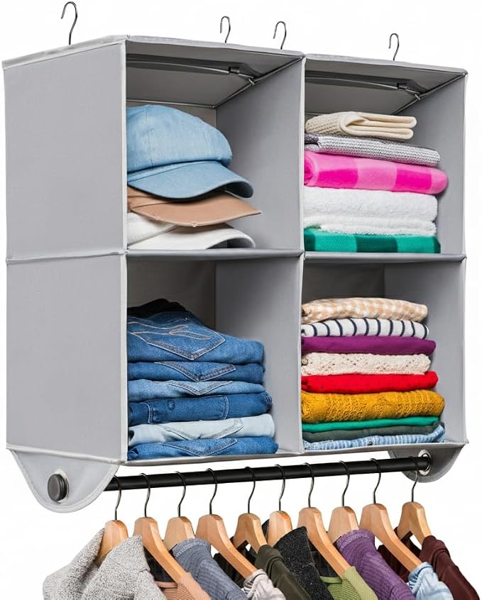 HOLDN’ STORAGE Hanging Closet Organizer with Garment Rod, 4-Shelf | Heavy Duty Hanging Shelves for Clothes, Sweaters & Shoes, 600D Fabric Storage Unit with Built-in Clothing Rod, Grey