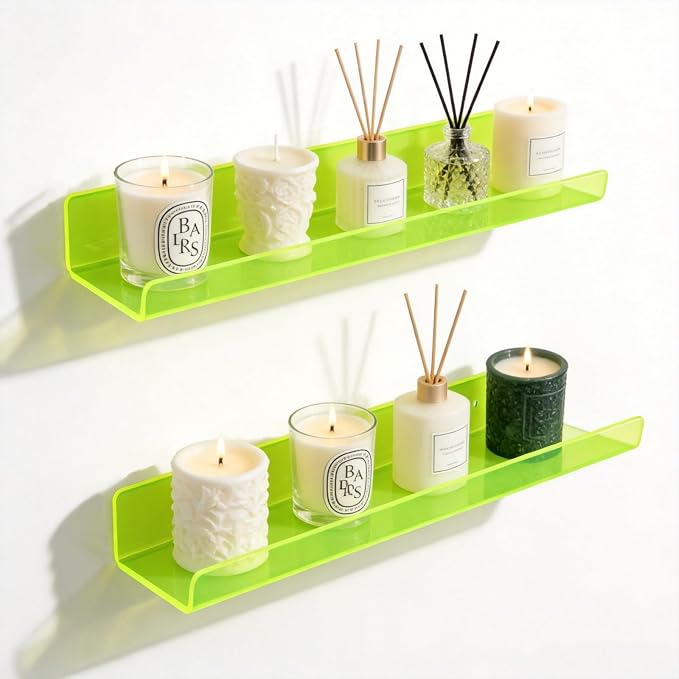 ROYALITA 2-Pack Acrylic Shelves Wall Mounted, 17 Inch Display Shelves | for Small Items Plants Organize Wall Shelves for Gaming Room, Bedroom, Living Room, Office, Green