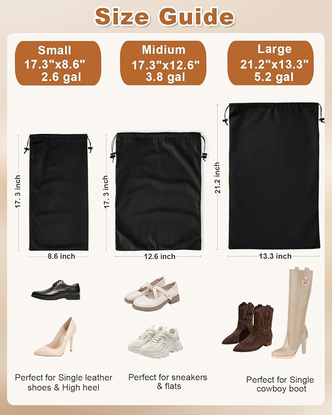 4 Pcs Single Shoe Bags for Travel, Velvet Bag, Black Beauty, 17.3x8.6 Inch | Washable & Reusable Travel Shoe Bags, Dustproof Shoe Bags with Drawstring Closure, Suitable for Travel, Home Storage