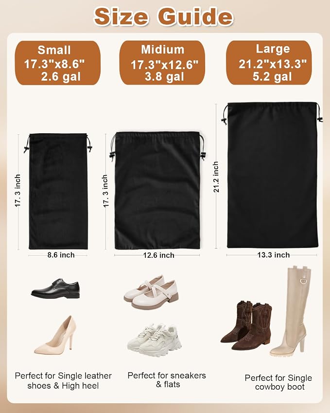 6 Pcs Single Shoe Bags for Travel, Velvet Bag, Black Beauty, 17.3x8.6 Inch | Washable & Reusable Travel Shoe Bags, Dustproof Shoe Bags with Drawstring Closure, Suitable for Travel, Home Storage