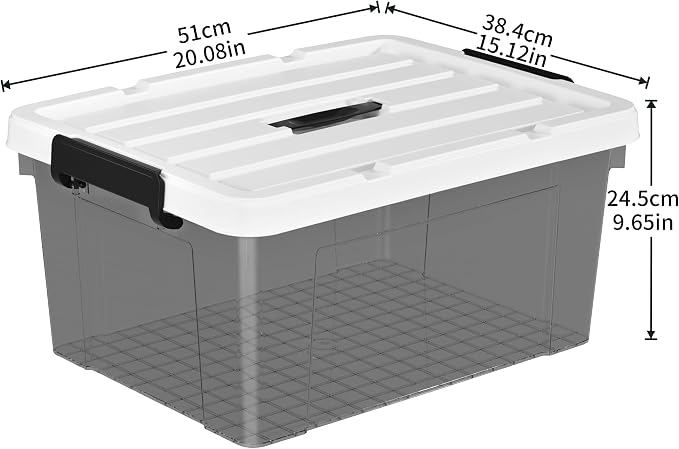 Cetomo Lidded Storage Bin with Handle, Tote Organizing Container with Durable Lid and Secure Latching Buckles, Stackable and Nestable, Plastic, 40 Quart-4 Pack, Clear Black