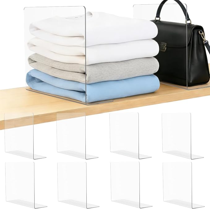 Clear Acrylic Shelf Dividers Closet Organizers for Organization Enthusiasts | 12" Tall Closet Shelf Dividers for Clothes Purse Towel - Sturdy Shelf Separators for Bedroom Kitchen Office Space Saver