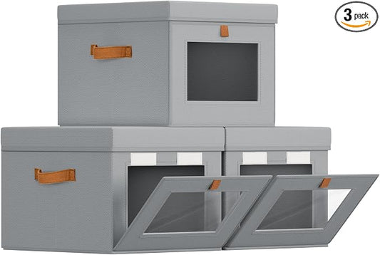 Homsorout Storage Bins with Lid – Closet Organizer with Side Opening and Clear Window, Foldable Stackable Fabric Basket for Clothes, Home, Office - 13.77" x 11.8" x 9.8", 3 Pack, Grey