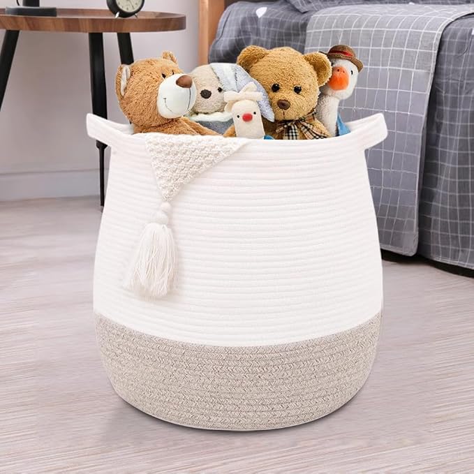 Large Cotton Rope Basket, Woven Storage Basket for Toy, Laundry and Blanket Organizer, Round Hamper Basket with Handles for Kid's Room 17.7"x16.9"