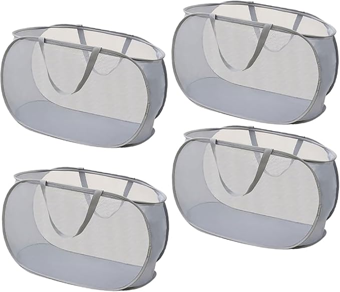 4 Piece Popup Mesh Laundry Basket Durable Handles Collapsible Laundry Baskets Folding Clothes Pastic Hamper for Laundry Room College Dorm (Gray)