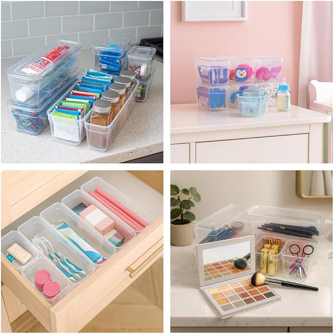 AB Designs Best Kept Plastic Storage Bins with Lids - Mixed Pack, 4 Long & 4 Small Home Organizer Storage Boxes with Lids, Clear