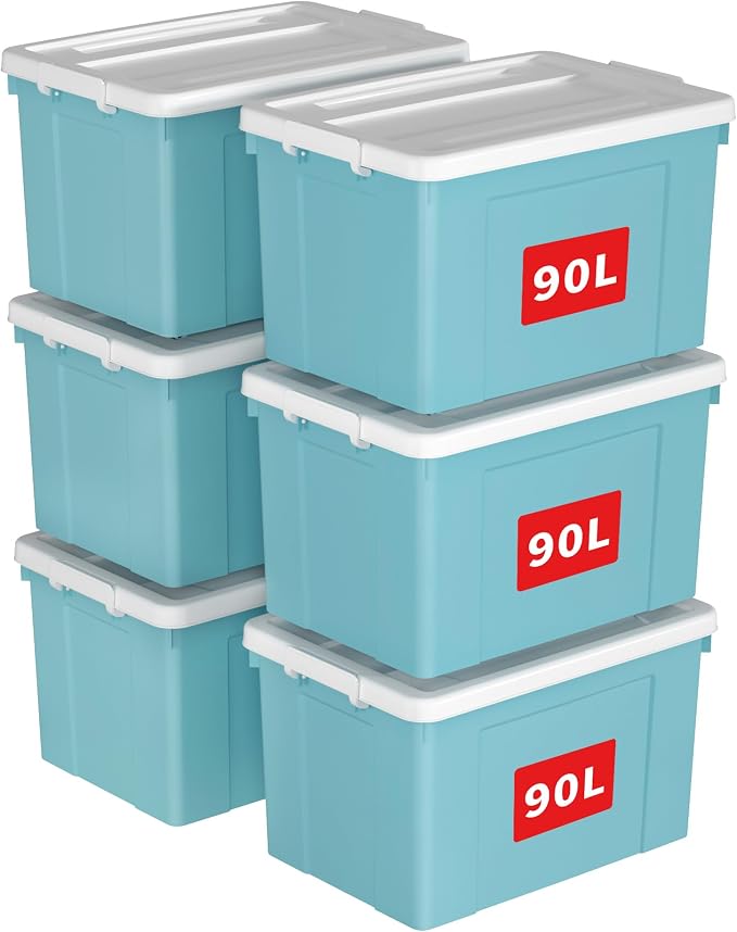 Cetomo Lidded Storage Bin with Handle, Tote Organizing Container with Wheels, Lid and Secure Latching Buckles, Stackable and Nestable, Plastic, 95 Quart-6 Pack, Blue