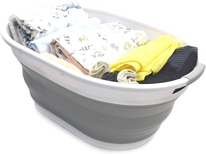 SAMMART 28L (7.4 gallon) Collapsible Plastic Laundry Basket-Oval Tub/Basket - Portable Washing Tub-Space Saving Laundry Hamper, Water capacity: 22L (5.8 gallon) (1, Grey)