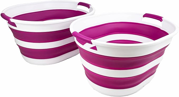 SAMMART 23L (6 Gallons) Collapsible Plastic Laundry Basket - Oval Tub/Basket - Foldable Storage Container/Organizer - Portable Washing Tub (White/Purple (Set of 2))