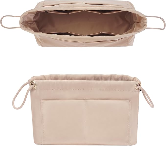 GIVLEFLY Extra Large Purse Organizer Insert, Satin Fabric Handbag Organizer with Multiple Pockets, Drawstring Tote Bag Organizer Insert, Lightweight Bag Insert for Handbags & Tote Bags，Beige