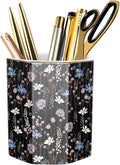 Ceramic Floral Pen Holder for Desk, Cute Large Capacity Colored Pencil Organizer for Office, Makeup Brush Holder for Girl Women, Black Flower