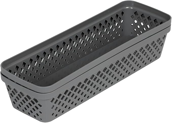 Glad Plastic Storage Basket Set - Multipurpose Drawer Trays, Kitchen Pantry Containers, and Bathroom Bins - Narrow Organizers, Grey, 6 Count (Pack of 4)