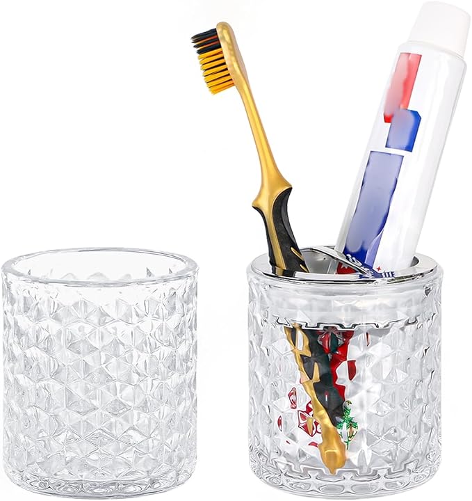 2pcs Toothbrush Holders for Bathrooms,Glass Toothbrush Holder and Bathroom Tumbler Set,Toothbrush and Toothpaste Holder with Divider,Bathroom Toothbrush Cup Holder (Clear and Silver)