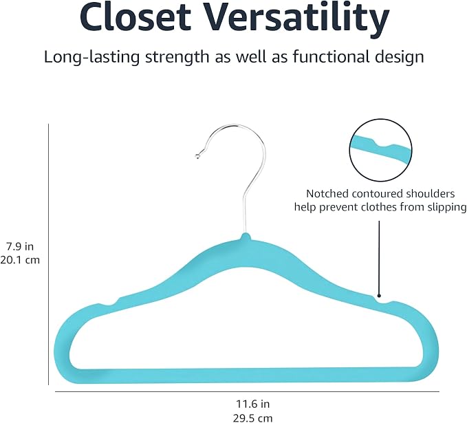 Amazon Basics Kids Space Saving Velvet Non-Slip Clothes Hangers with Shoulder Notches for Infant and Toddler, 11.6", Blue, 50-Pack