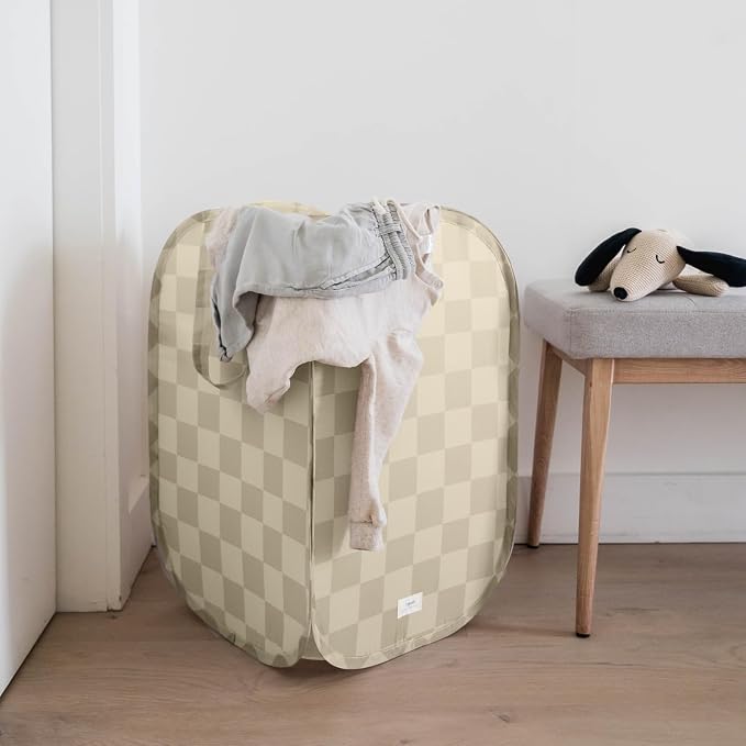 3 Sprouts Pop Up Hamper - Collapsible Laundry Basket, Popup & Foldable Design - Durable Waterproof Fabric for Dirty Clothes, Toys & Towels - Ideal for Dorm, Bedroom & Baby Nursery, Checkerboard Beige