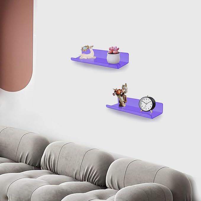 ROYALITA 2-Pack Small Acrylic Shelves Wall Mounted, 12 in Display Shelves | for Small Items, Plants, Room Decor Floating Wall Shelves for Gaming Room, Bedroom, Living Room, Office, Purple