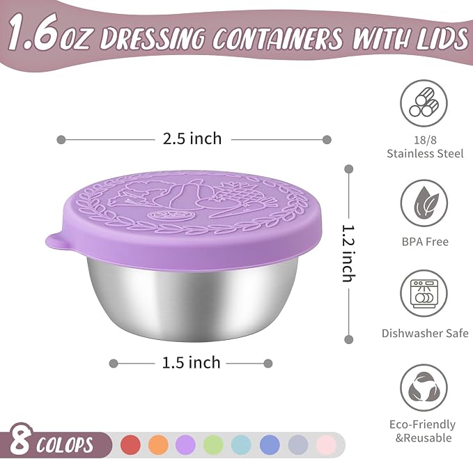 8 Pack - 1.6 Oz Small Salad Dressing Containers To Go, Sauce Cups with Lids | Food-grade stainless steel, leakproof reusable, BPA-free silicone, for lunch boxes, Kitchen storage, Picnic & meal prep