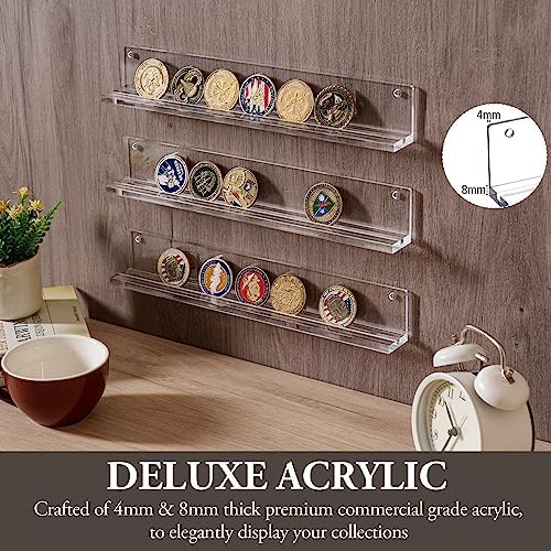 MyGift Challenge Coin Display, Wall Mounted Clear Acrylic Shelves, Set of 3
