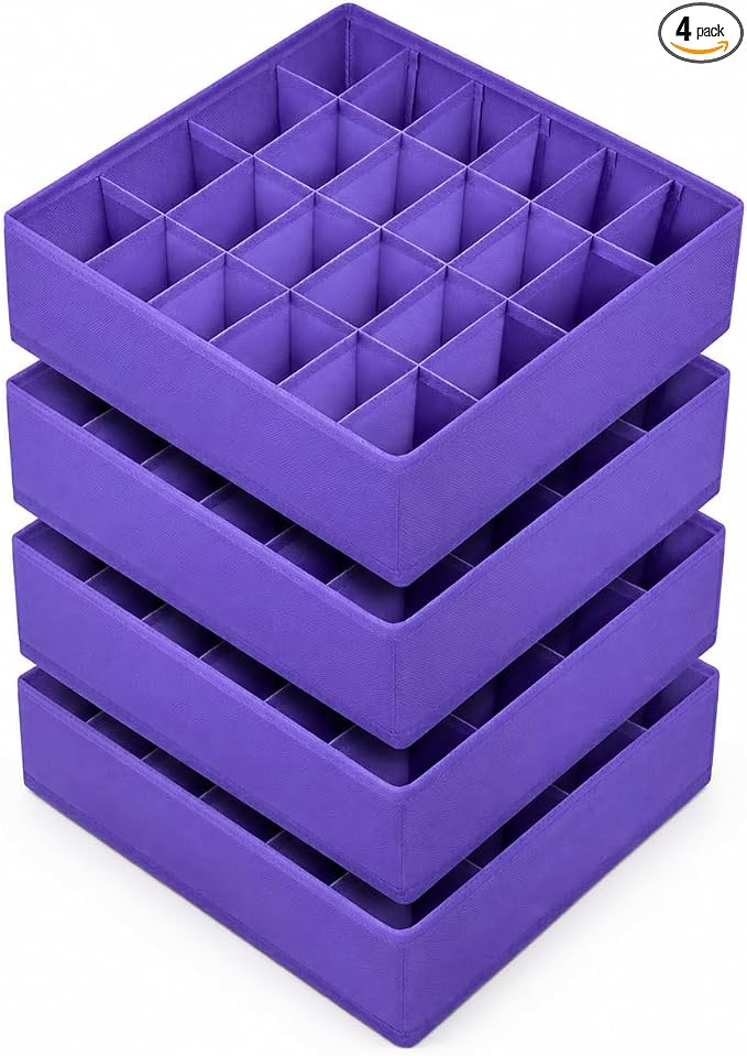 joyoldelf Sock Drawer Organizer Divider 4 Packs Underwear Organizer, 24 Cell Closet Organizers and Storage Organizer Sock Holders Organizers for Storing Socks, Handkerchiefs, Ties, Belts (Purple)
