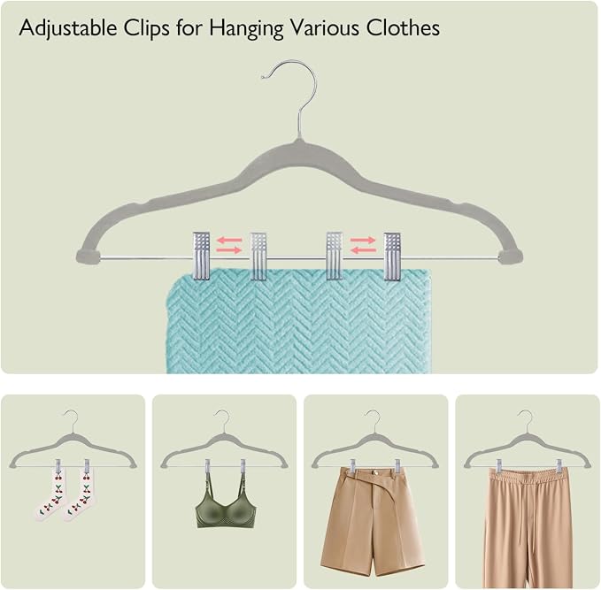 ManGotree Pants Hangers with Movable Clips, Non-Slip Velvet Skirt Hangers, Space-Saving Clothes Hangers for Pants, Skirts, Shirts, Coats, Dresses (18 Pack, Grey)