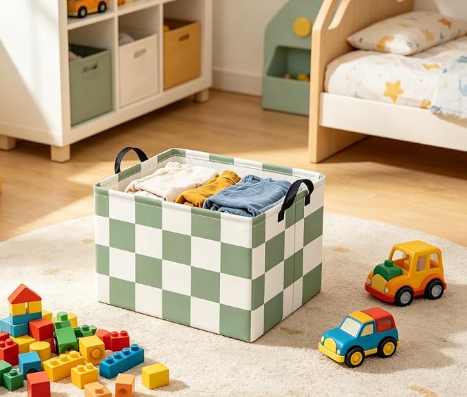 Rectangular Baby Kids Storage Basket for Home Kitchen Girls Cute Toy Storage Bin Organizer Shelf Book Room Decor(Green Checkered)