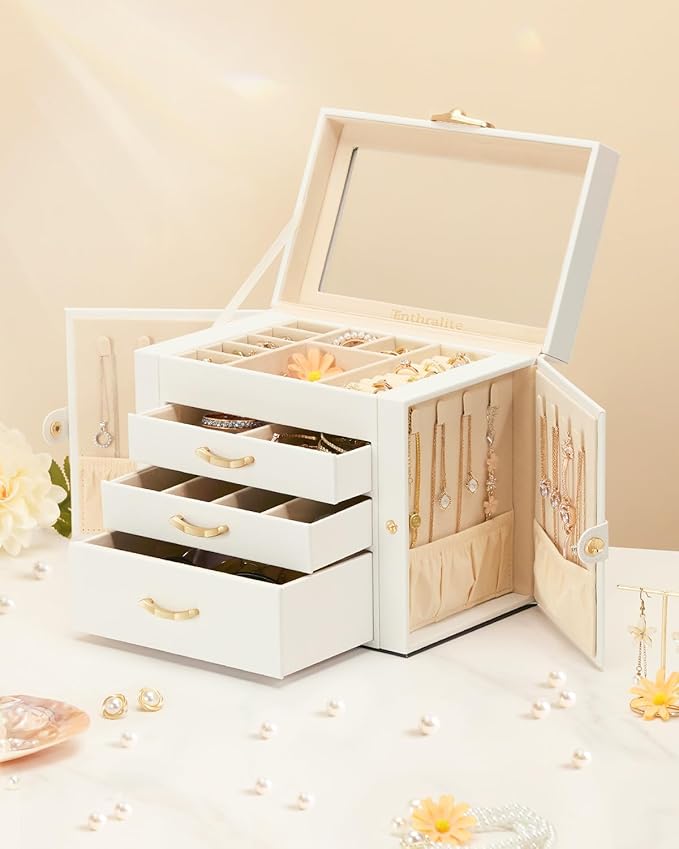Enthralite Jewelry Box with 3 Drawers : Jewelry Display Organizer for Earrings Necklaces - Gift for Girls Women | White