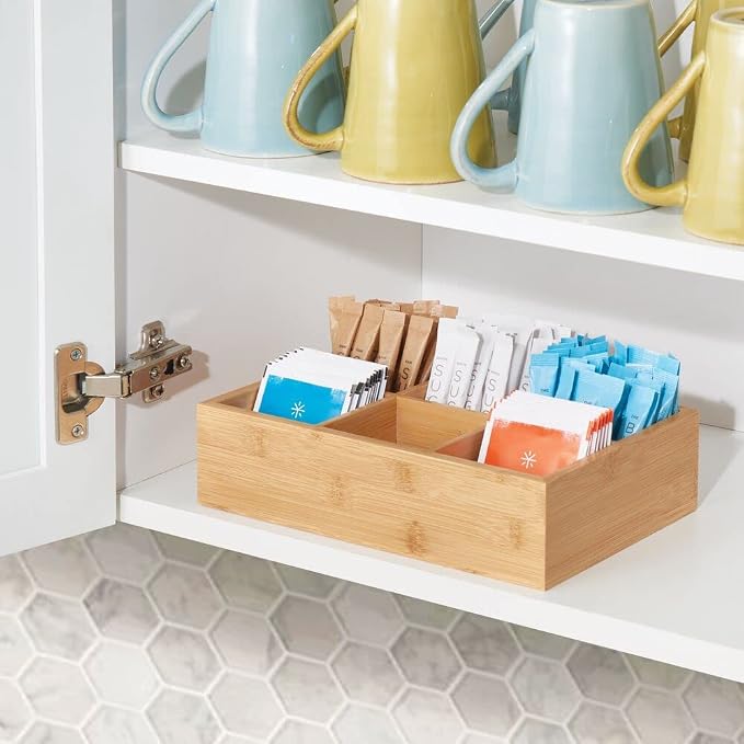 mDesign Bamboo Tea & Food Storage Organizer Container Box - Wooden Holder Case for Tea Bags, Coffee, Snacks, Sugar, Sweeteners, and Small Packets - Echo Collection - 2 Pack - Natural Wood