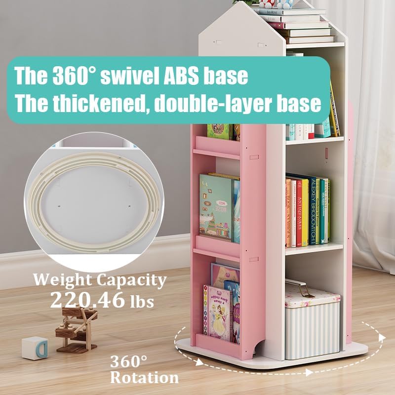 4-Tier Rotating Bookshelf,360° Display Book Shelf,Floor Standing Bookcase,Children's Bookshelves for Bedroom, Living Roo
