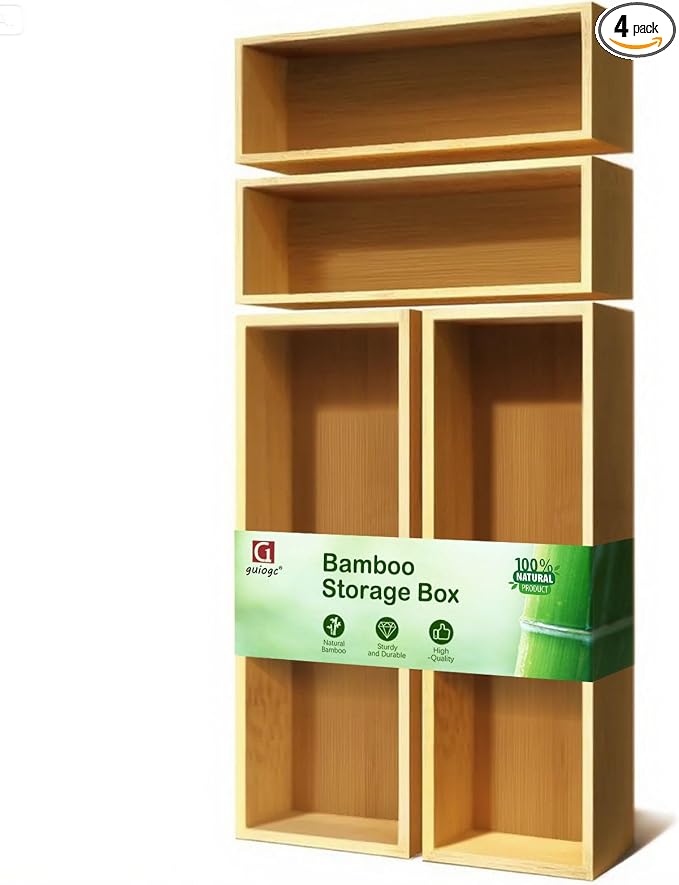 guiogc Bamboo Drawer Silverware Organizer, Kitchen Small Silverware Organizer Set of 4 (Large 14.2"x5"x1.97", Small 9.85"x3.55"x1.97") for Office Bathroom Storage and RV