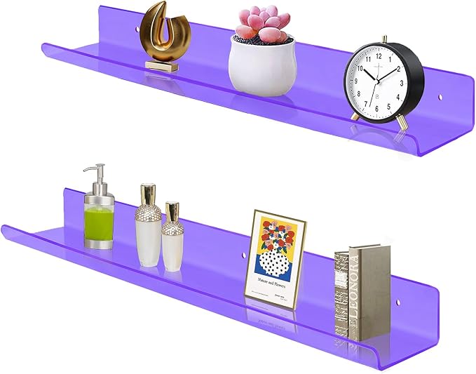 ROYALITA 2-Pack Acrylic Shelves Wall Mounted, 24 Inch Floating Shelves | for Small Items Plants Organize Wall Shelves for Gaming Room, Bedroom, Living Room, Office, Purple