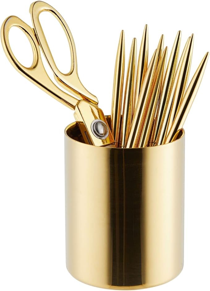 Juvale Desk Organizer Pen & Pencil Holder - 3.2 x 3.9 in, Gold Stainless Steel - Desk Supply Organizer with Gold Pen Cup, Makeup Brush Cup & Vanity Brush Holder