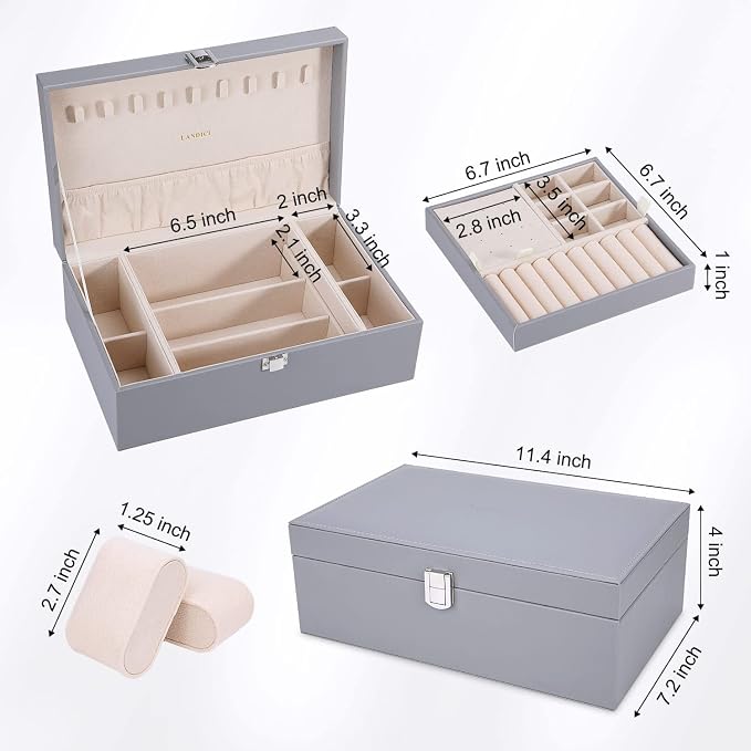 LANDICI Jewelry Box Organizer for Men Women, 2 Layer 4 Slot Watch Storage Case with Removable Tray, PU Leather Large Jewellery Holder Display for Watches Sunglasses Rings Earrings Necklace, Grey
