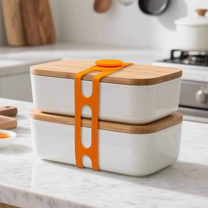 FORTIDY Silicone Latch Strap for Slow Cooker Lid, Pot, Bento Box, 21.65 in Reusable Elastic Self-Lock Silicone Tie for Bundling or Organizing Curtain, Cords, Yoga Mat, Camping Mat (Orange, 2pcs)