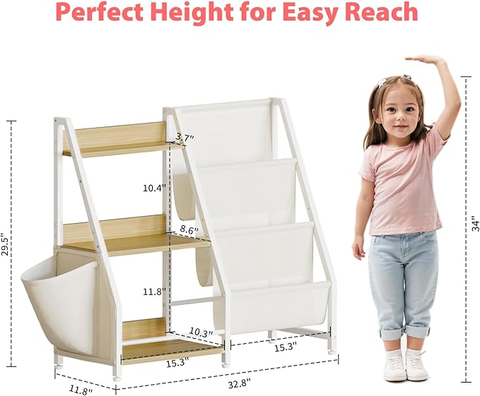 LATIBELL 3 Tier Kids Bookshelf and Toy Storage, Kids Bookcase Book Sling Shelf, Montessori Baby Toddler Bookshelf, Toy Storage Organizer, for Playroom, Bedroom, Nursery (Burlywood)