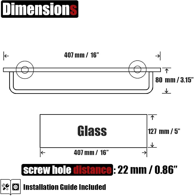 JQK Bathroom Glass Shelf, Shelf with 15 Inch Towel Bar Tempered Glass Shower Storage 16 by 5 inches, 304 Stainless Steel Matte Black Wall Mount, TGS100-PB