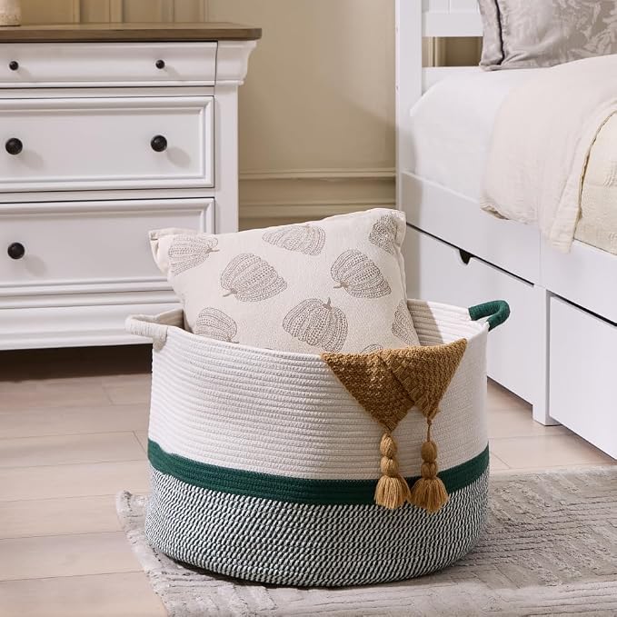 Luxury Little Extra Large Nursery Storage Basket, 20 x 20 x 13.8 inches - 100% Cotton Rope Baskets with Handles, Blanket Basket for Toys, Blankets & Pillows (Green)