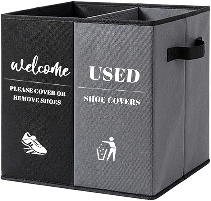 Shoe Cover Box with Door Hanging Sign – Foldable Double Compartment Storage Bin, Freestanding Dispenser Organizer for Home, Office, Entryway (Dark Gray)