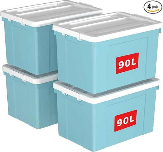 Cetomo Lidded Storage Bin with Handle, Tote Organizing Container with Wheels, Lid and Secure Latching Buckles, Stackable and Nestable, Plastic, 95 Quart-4 Pack, Blue