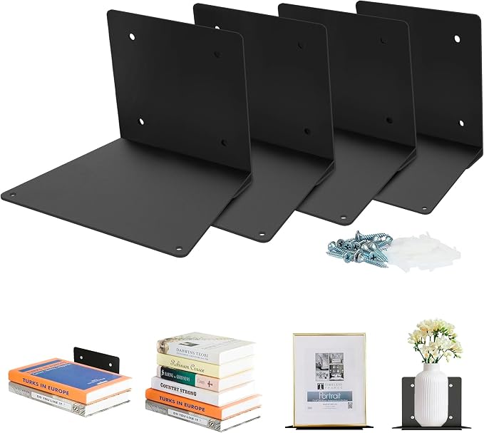STORAGE MANIAC Floating Book Shelves for Wall Mounted Invisible Floating Bookshelves Heavy-Duty Steel Hidden Bookshelf Hanging Bookshelves for Bedroom Living Room Office, Black 4-Pack Large