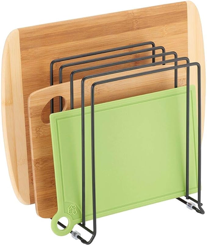 mDesign Pot Lid and Pan Rack — Metal Wire Rack for Cabinets, Pantries or Kitchen Surfaces — Freestanding Pan Stand with 5 Slots for Pans, Pots, Lids and Crockery — Black