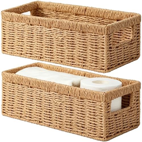 Vagusicc Wicker Storage Basket, Paper Rope Wicker Baskets with Handles, Toilet Paper Basket for Toilet Tank Top, Small Wicke Baskets for Organizing Shelves, 2-Pack, Natural