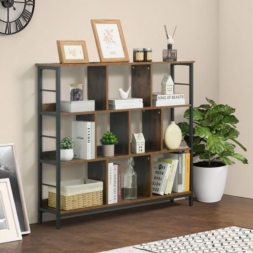 CAPHAUS 10 Cube Storage Organizer, 48” Wide 3 Tier Rustic Oak Industrial Open Shelf Bookcase, Display Shelf, Horizontal 