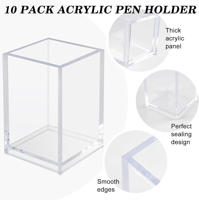 10 Pack Clear Acrylic Pen Holders For Desk, Pencil Cup Makeup Brush Holders | Square Acrylic Pen Cups For Pens, Markers And Makeup Brushes; Desktop Organizer For Office, School, Home And Vanity Supplies