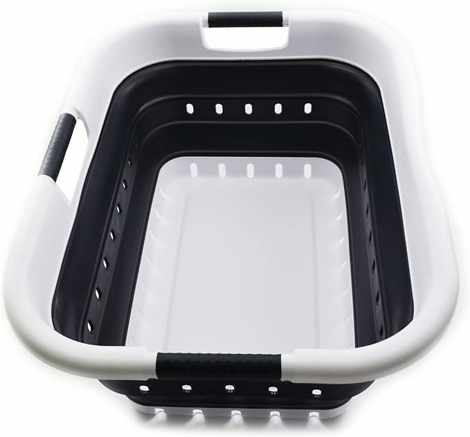 SAMMART 41L Collapsible 3 Handled Plastic Laundry Basket - Foldable Pop Up Storage Container/Organizer - Portable Basket - Space Saving Hamper/Basket (3 handled rectangular, White/Black)