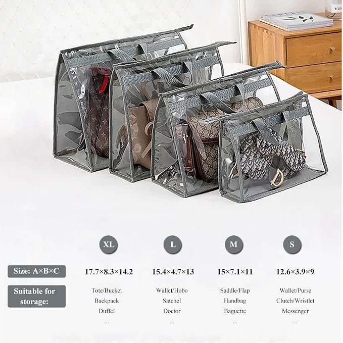 fazhongfa 2PCS Dust Bags for Handbags Clear Purse Storage Organizer Non-Woven Hanging Bag Closet with Zipper and Handle (Large, Light Grey)