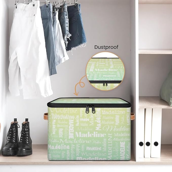 Custom Storage Basket with Name, Personalized Keepsake Box with Zipper Lid, Foldable Fabric Memory Bin Large capacity with Handle Yellow Green