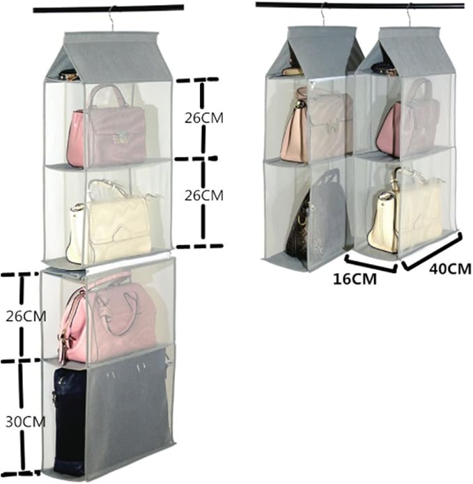 Detachable 4 Compartment Organizer Pouch Hanging Handbag Organizer Clear Purse Bag Collection Storage Holder Wardrobe Closet Space Saving Organizers System For Living Room Bedroom Home Use (Beige)