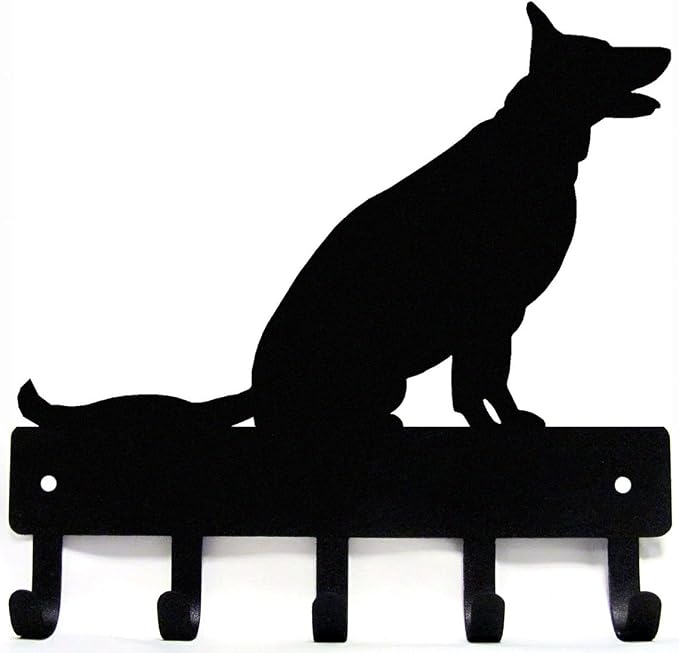 German Shepherd Sitting - Key Holder Dog Leash Hanger for Wall - Large 9 inch Wide with 5 Hooks - Made in USA